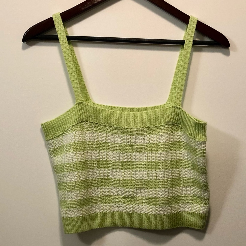 It's Our Time Checked Sweater Style Tank Top Lime Green & White